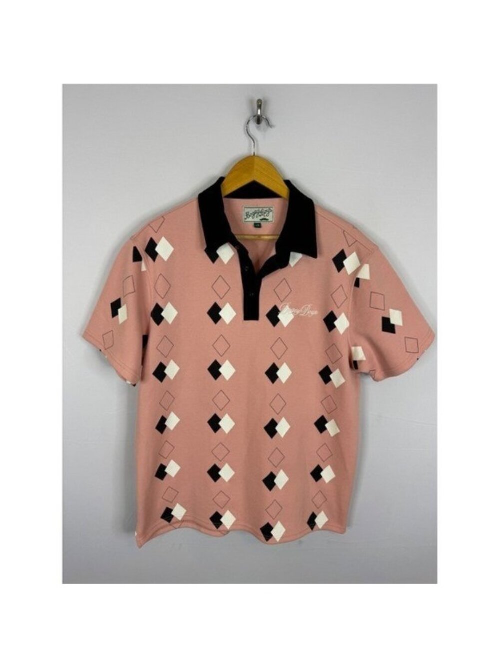 Bogey Boys Mens Pink Geometric Diamond Print Short Sleeve Polo Shirt Large